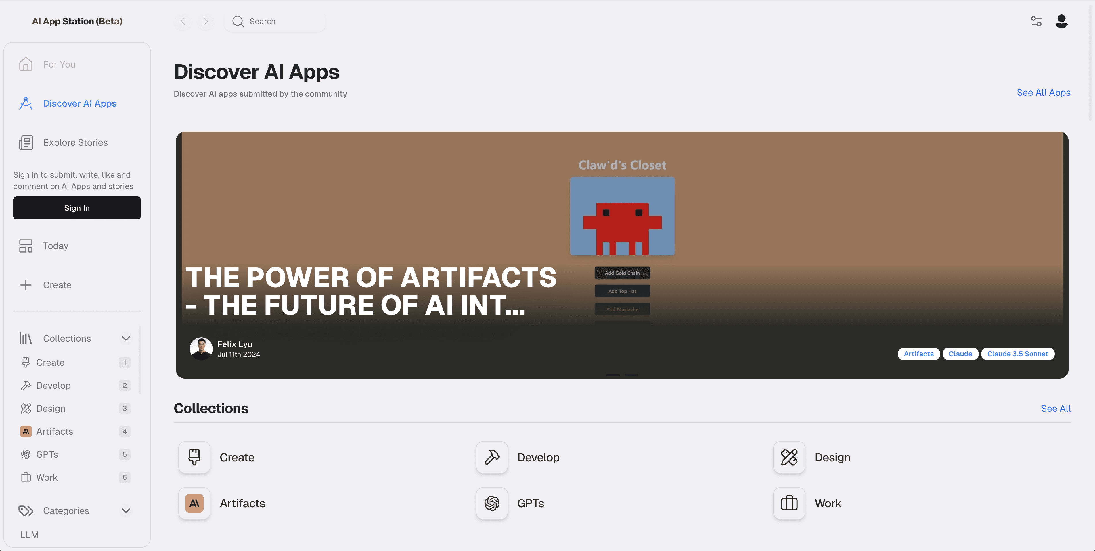 AI App Station Discover AI Apps page featuring an editorial story and curated collections.