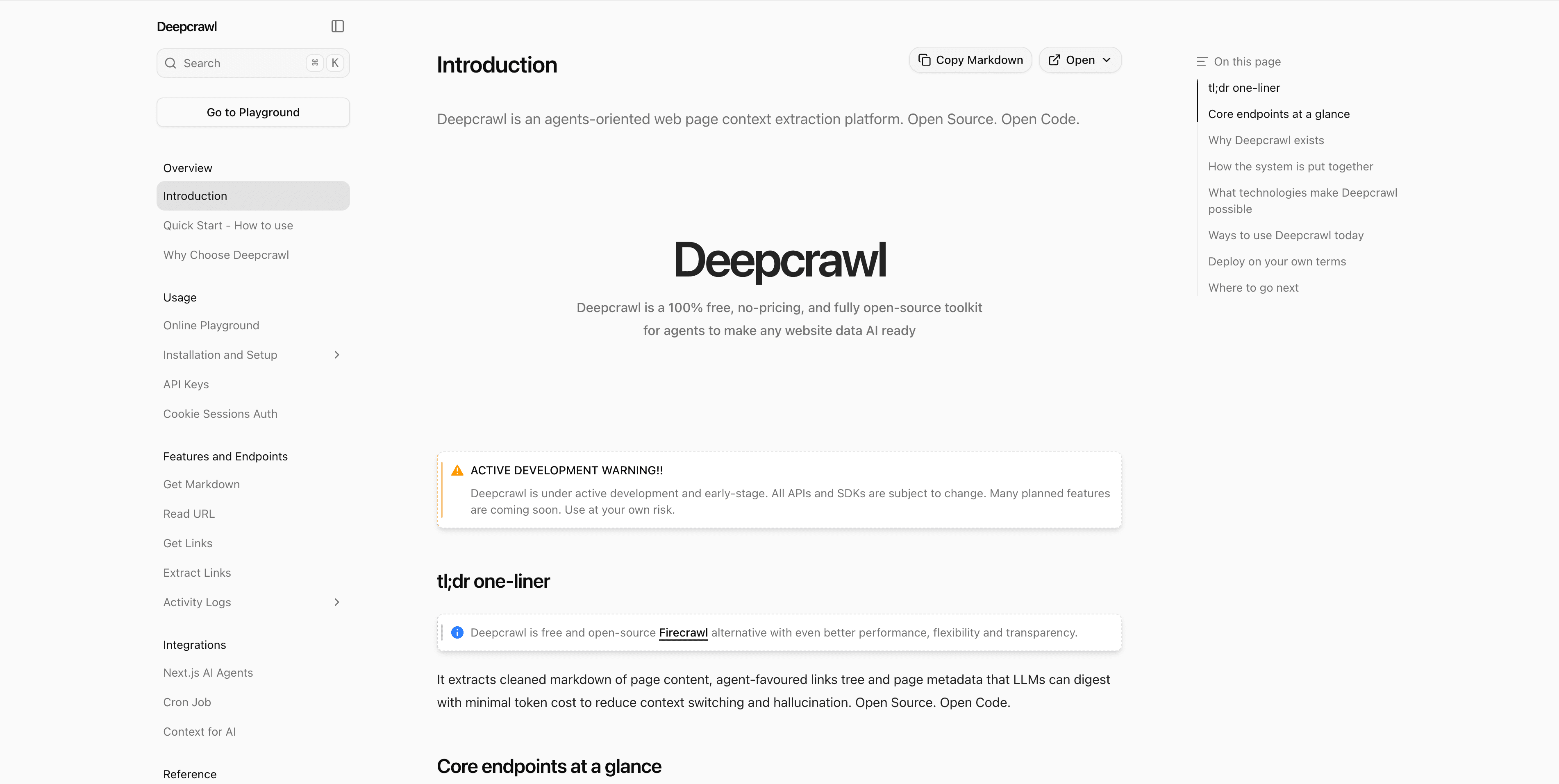 Deepcrawl open-source documentation covering quick starts, APIs, authentication, integrations, self-hosting, and reference material.