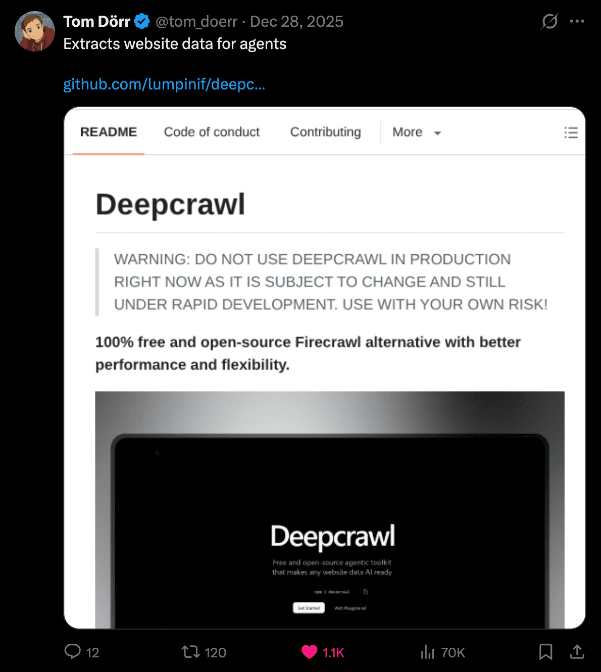 Tom Dörr sharing Deepcrawl as a tool that extracts website data for agents, with the post receiving more than one thousand likes.