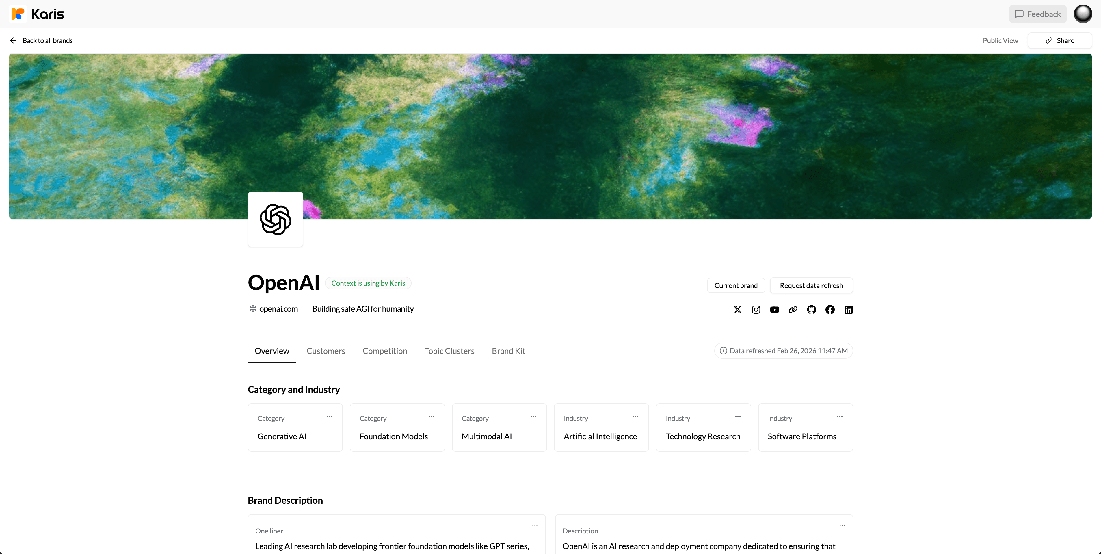 Karis brand overview for OpenAI, including categories, industries, and a brand description.