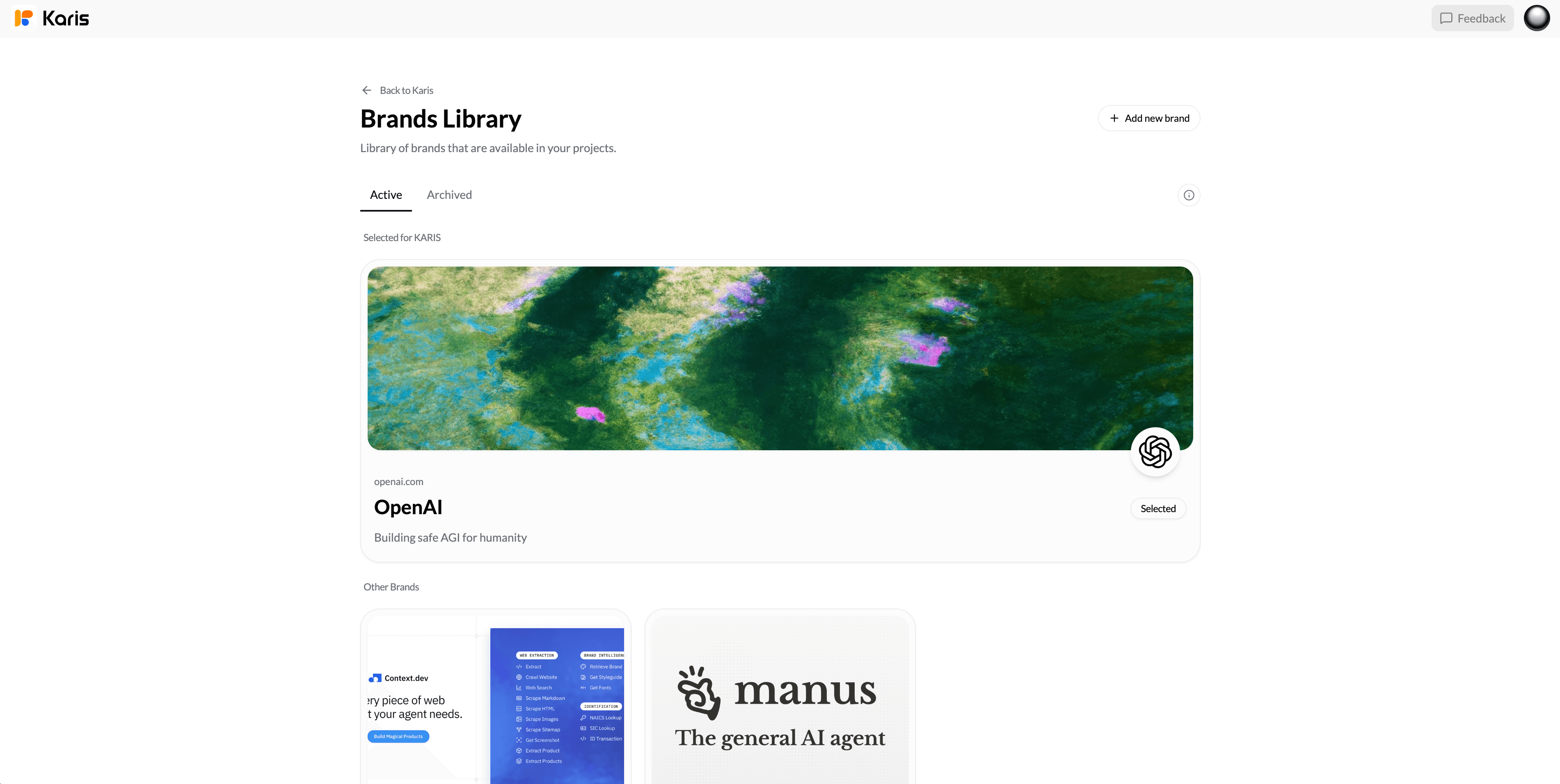 Karis Brands Library with OpenAI selected alongside other saved brands.