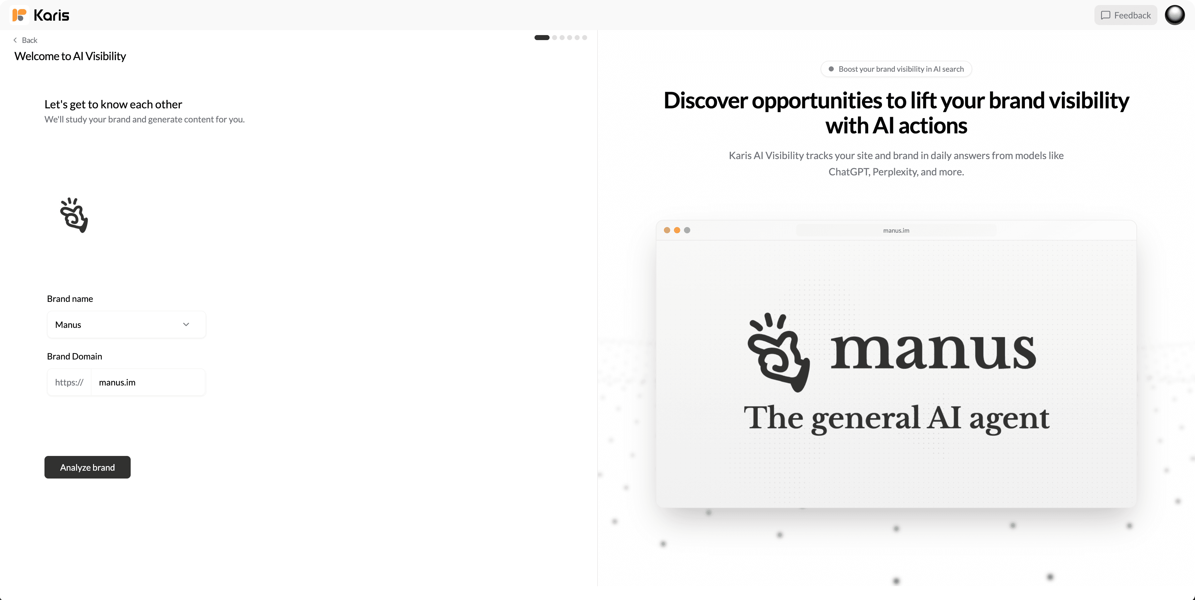 Karis GEO onboarding with a Manus brand selector and AI visibility introduction.