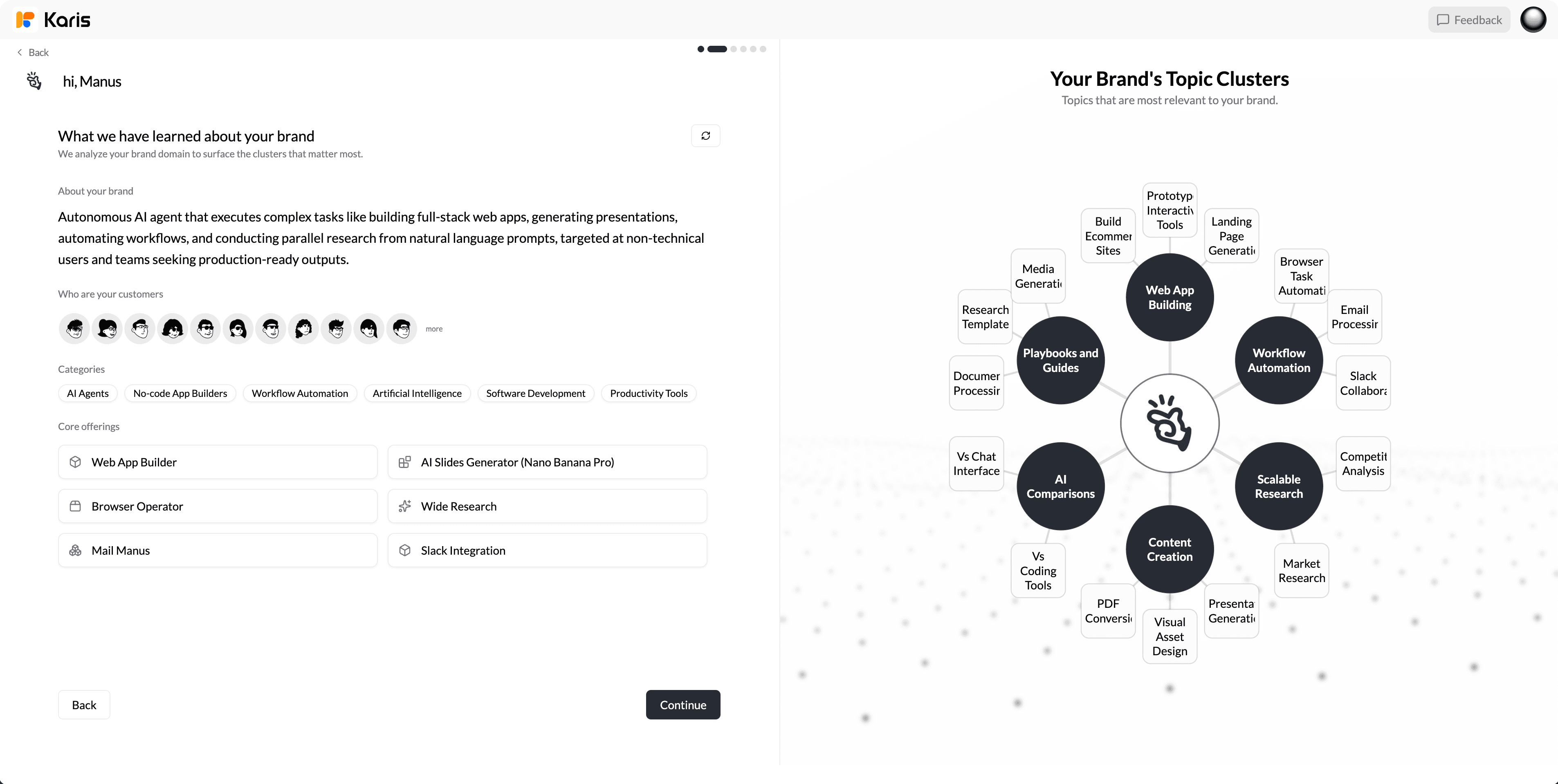 Karis GEO onboarding summarizing the Manus brand and visualizing its topic clusters.