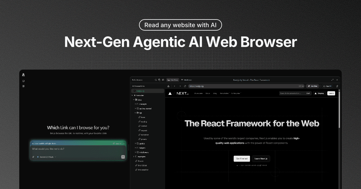 llml.ai product overview presenting an agentic AI web browser with a live website open beside the AI prompt.