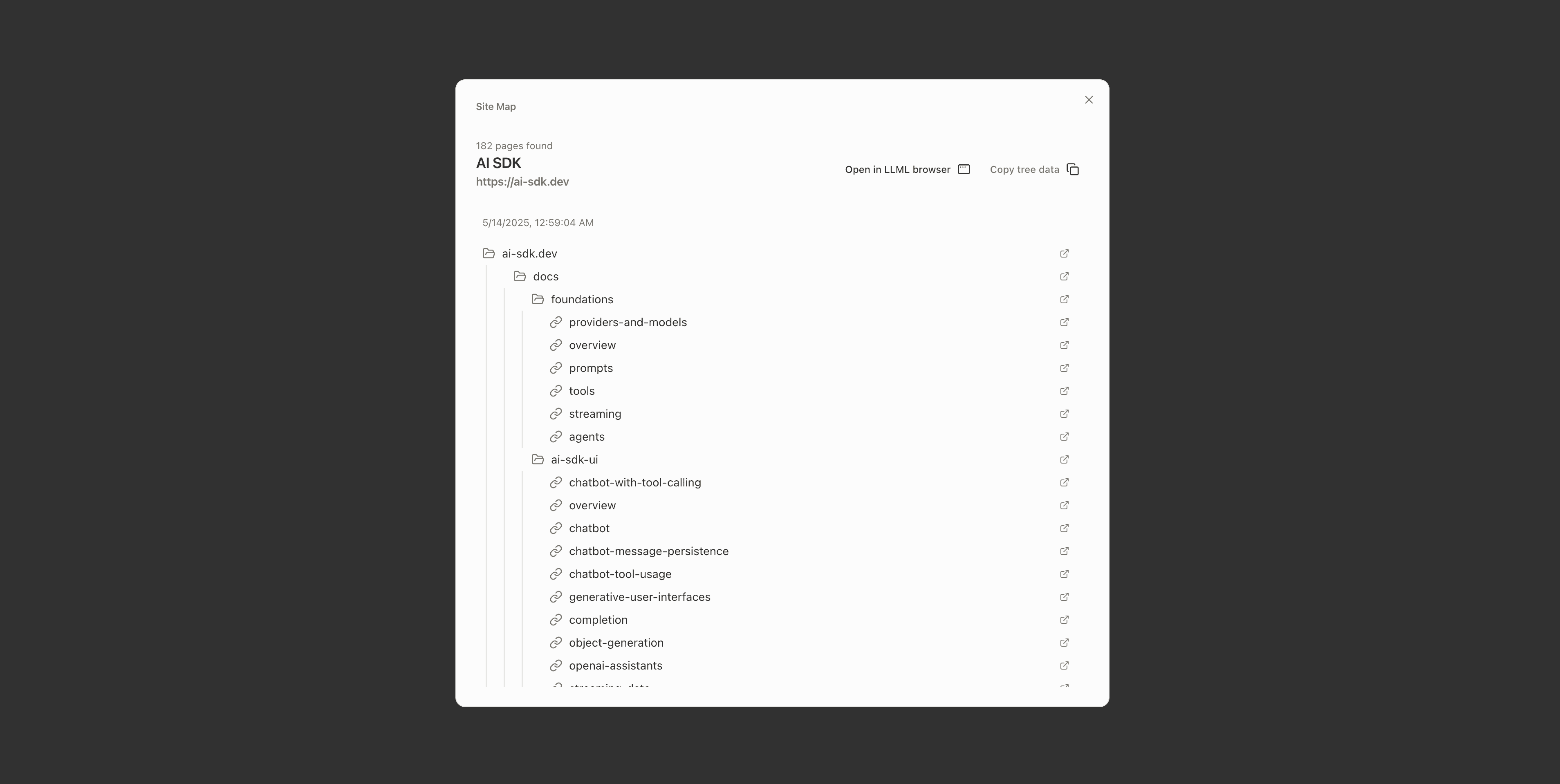 llml.ai Site Map showing 182 pages discovered from ai-sdk.dev and organized into an expandable link tree inside the browser.