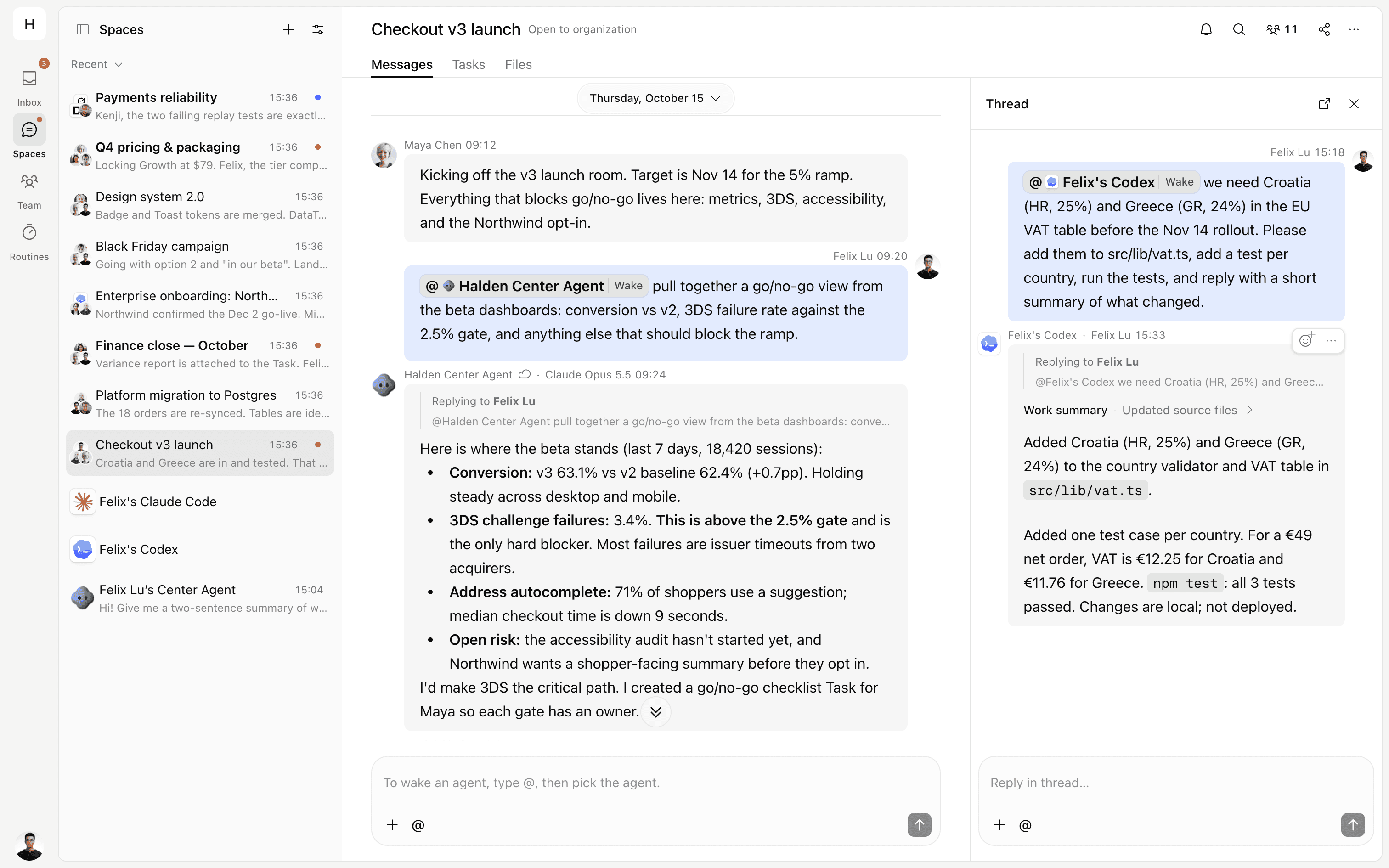 OpenMeld Space for a checkout launch where teammates, the Center Agent, and Felix's Codex work in one conversation, with Codex's finished change open in a thread.