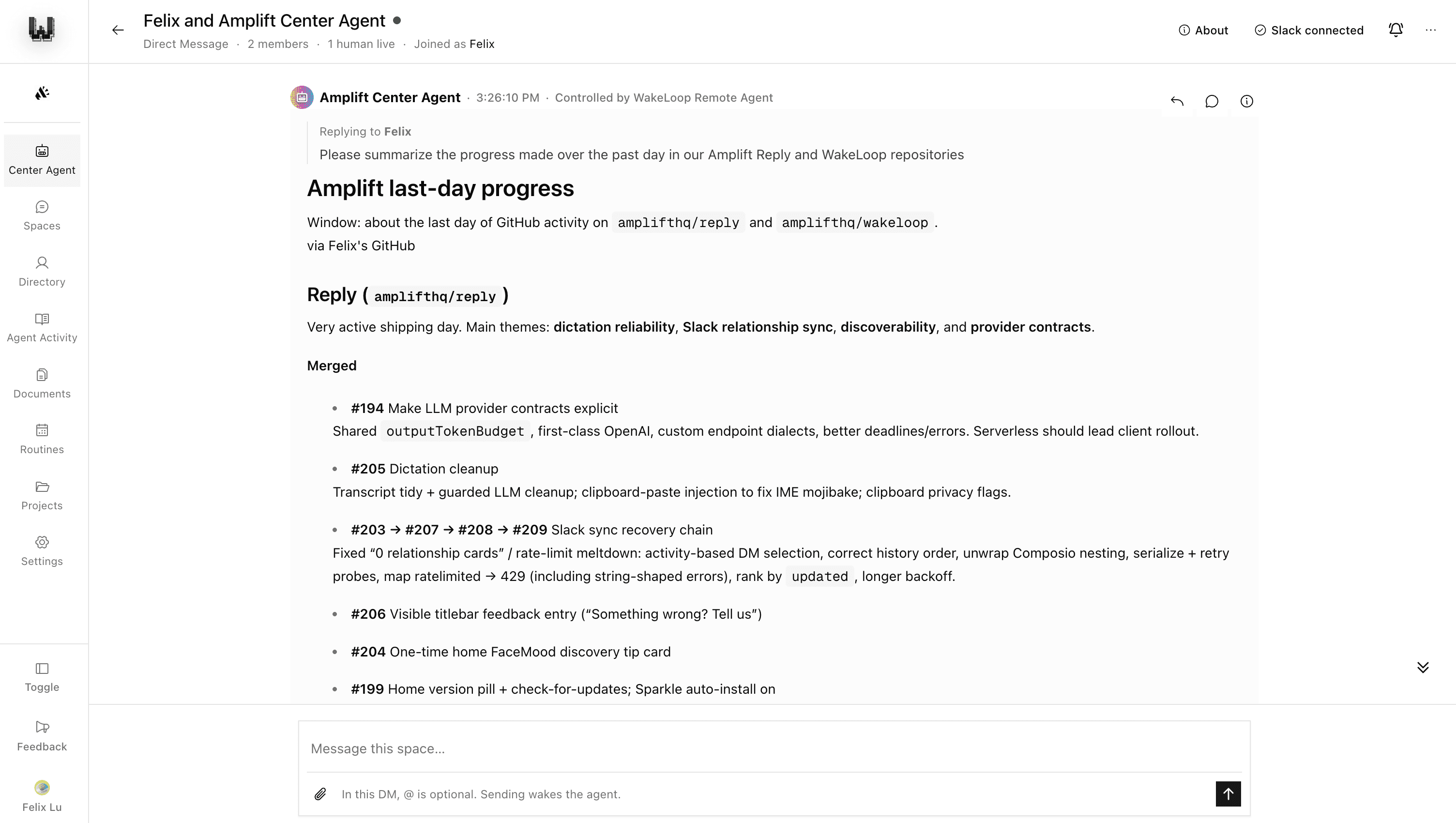 WakeLoop Center Agent summarizing the previous day's GitHub activity for the Amplift Reply and WakeLoop repositories.