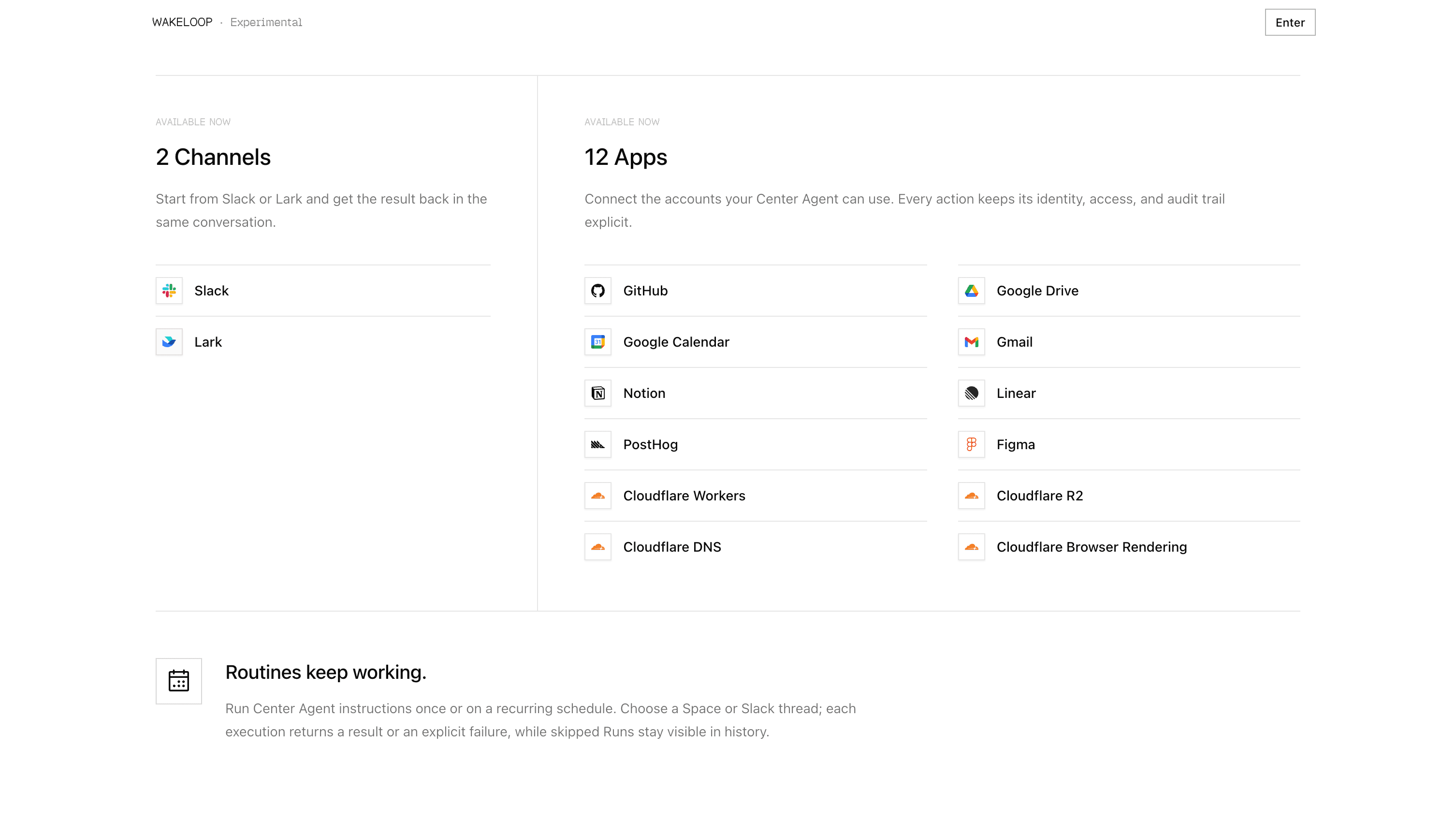 WakeLoop presenting Slack and Lark channels, twelve connected apps, and scheduled Center Agent Routines.