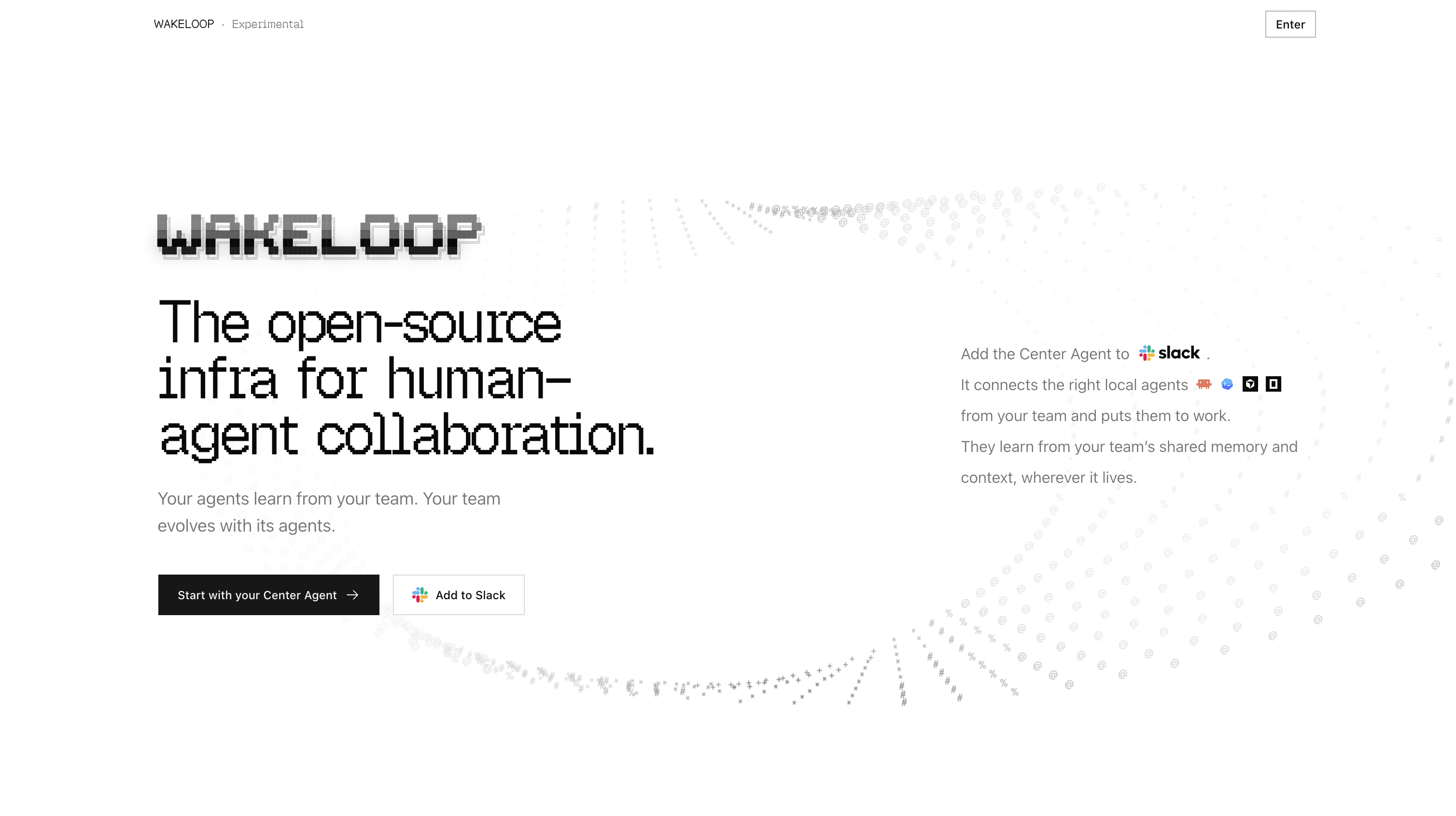 WakeLoop homepage presenting open-source infrastructure for human-agent collaboration and Slack integration.