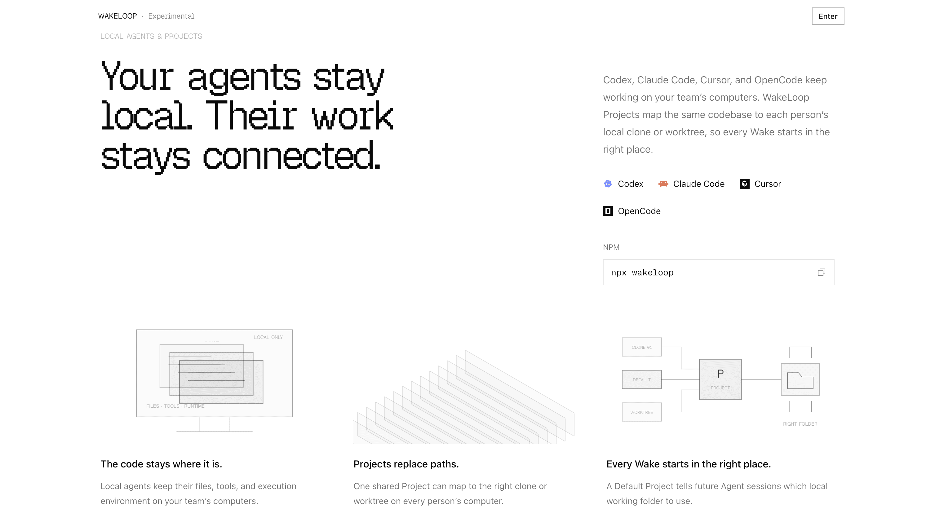 WakeLoop explaining how local coding agents and Projects keep work connected to the correct clone or worktree.