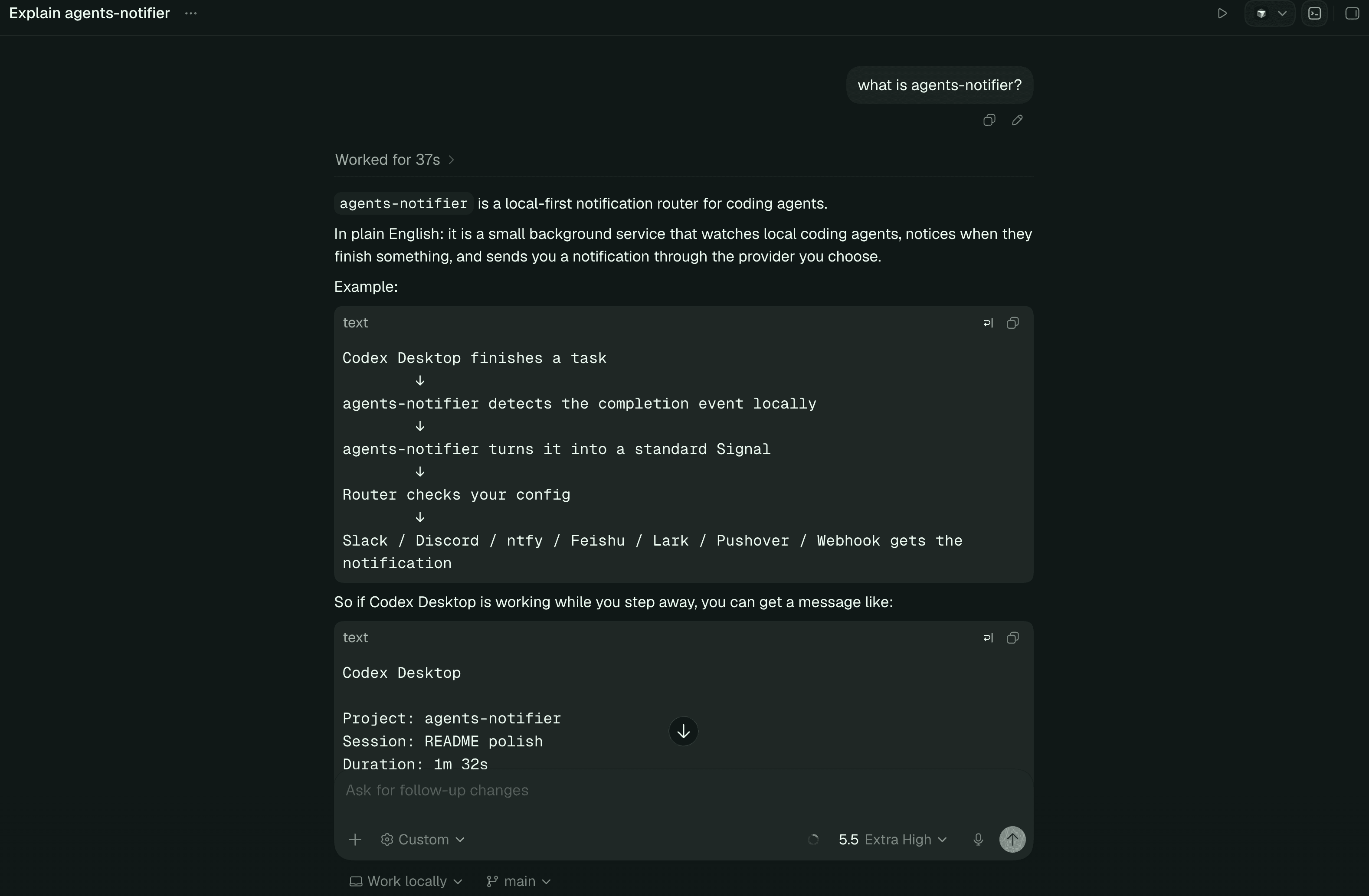 Codex Desktop conversation explaining the earlier Agents Notifier version of Agents Router and its local completion-to-provider routing flow.