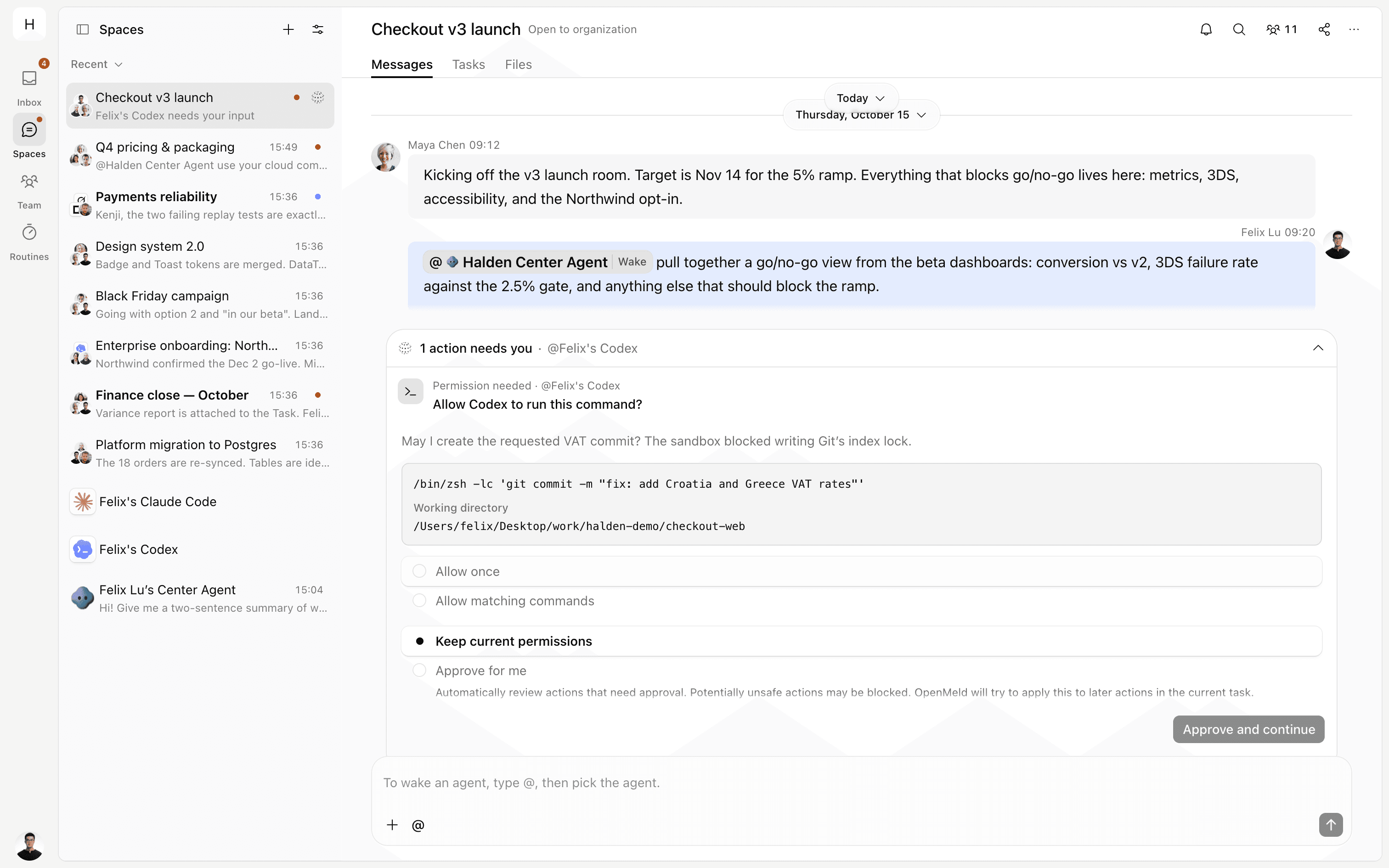 OpenMeld Space where Felix's Codex pauses before running a git commit and asks Felix to approve the exact command and working folder.