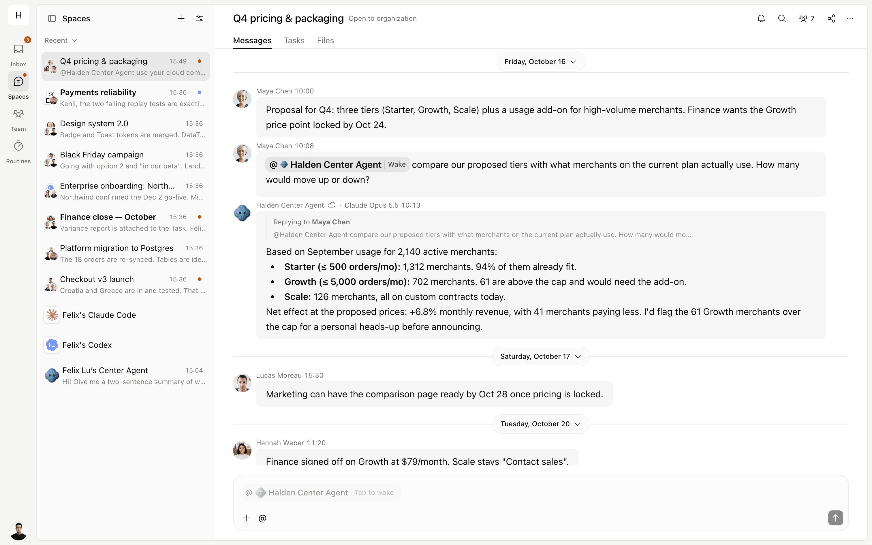 OpenMeld Center Agent replying in a pricing Space after using its cloud computer to save a tier distribution chart and CSV.