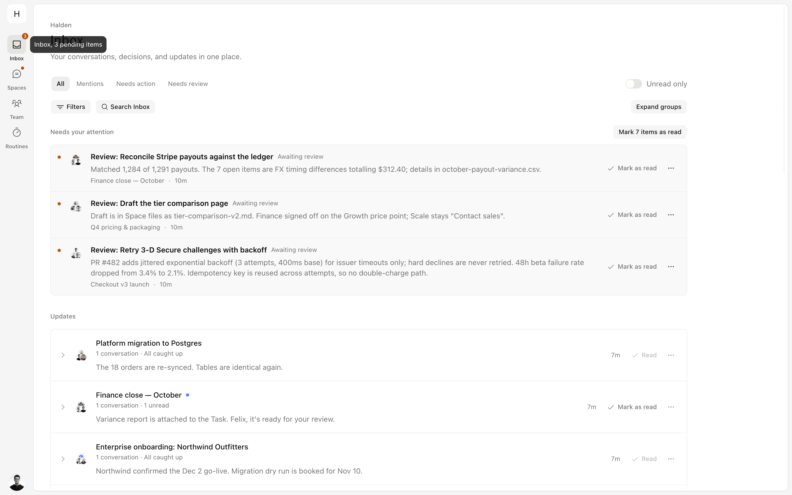OpenMeld Inbox listing three Task reviews waiting for Felix across the finance, pricing, and checkout Spaces, followed by recent Space updates.