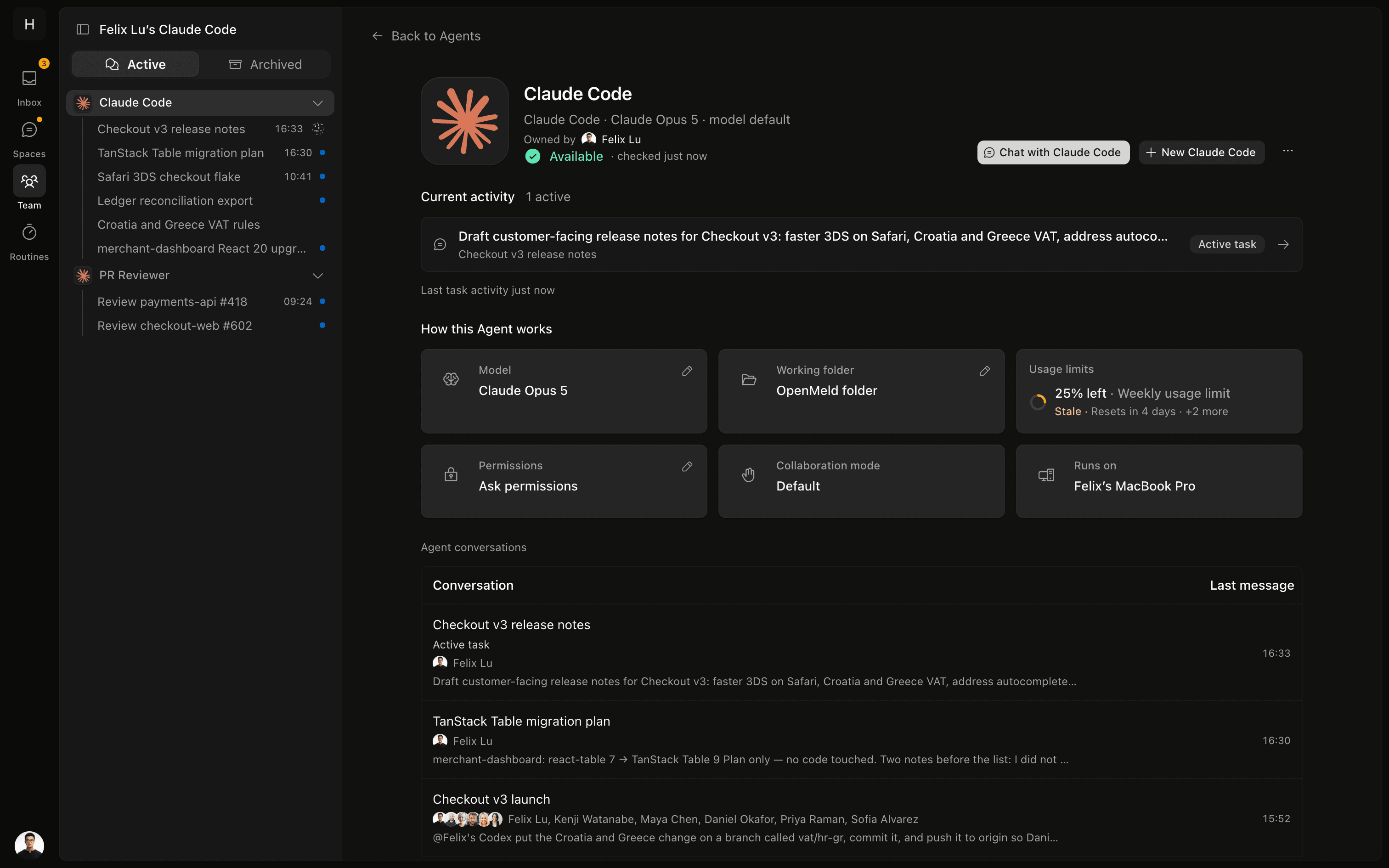 OpenMeld agent page for Felix Lu's Claude Code showing an active task, its model, working folder, permissions, usage limit, computer, and recent sessions.
