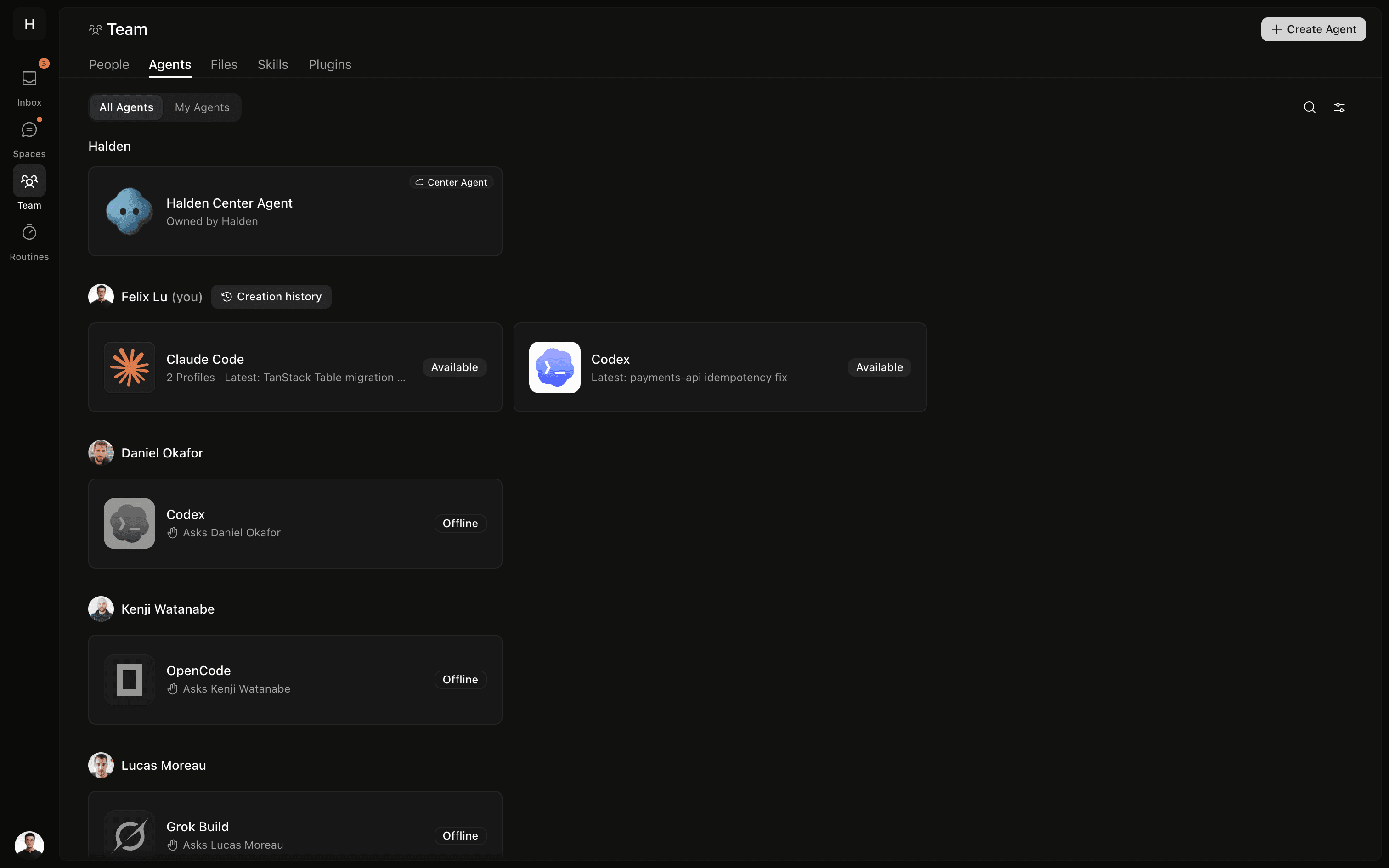OpenMeld Agents list with the hosted Center Agent and each teammate's Claude Code, Codex, OpenCode, and Grok Build agents grouped by owner.