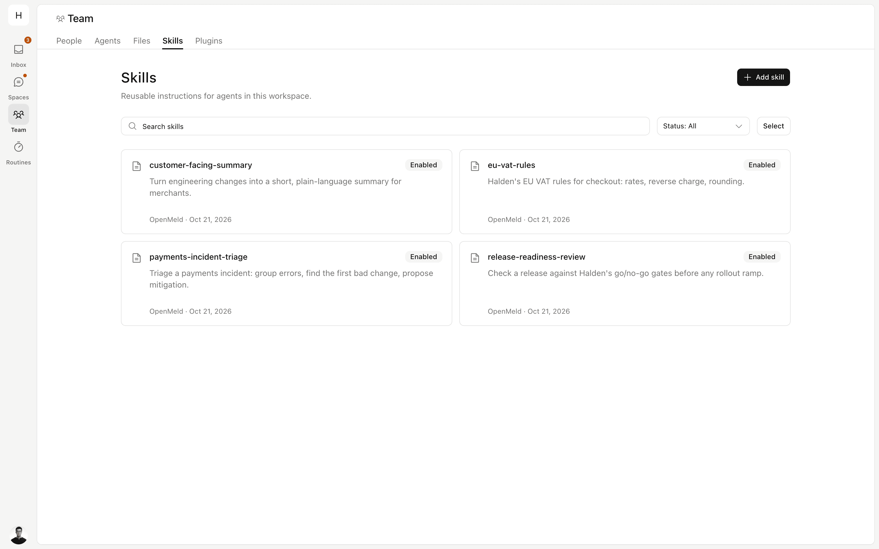 OpenMeld Skills page with shared organization instructions for release readiness, payments incident triage, EU VAT rules, and customer-facing summaries.
