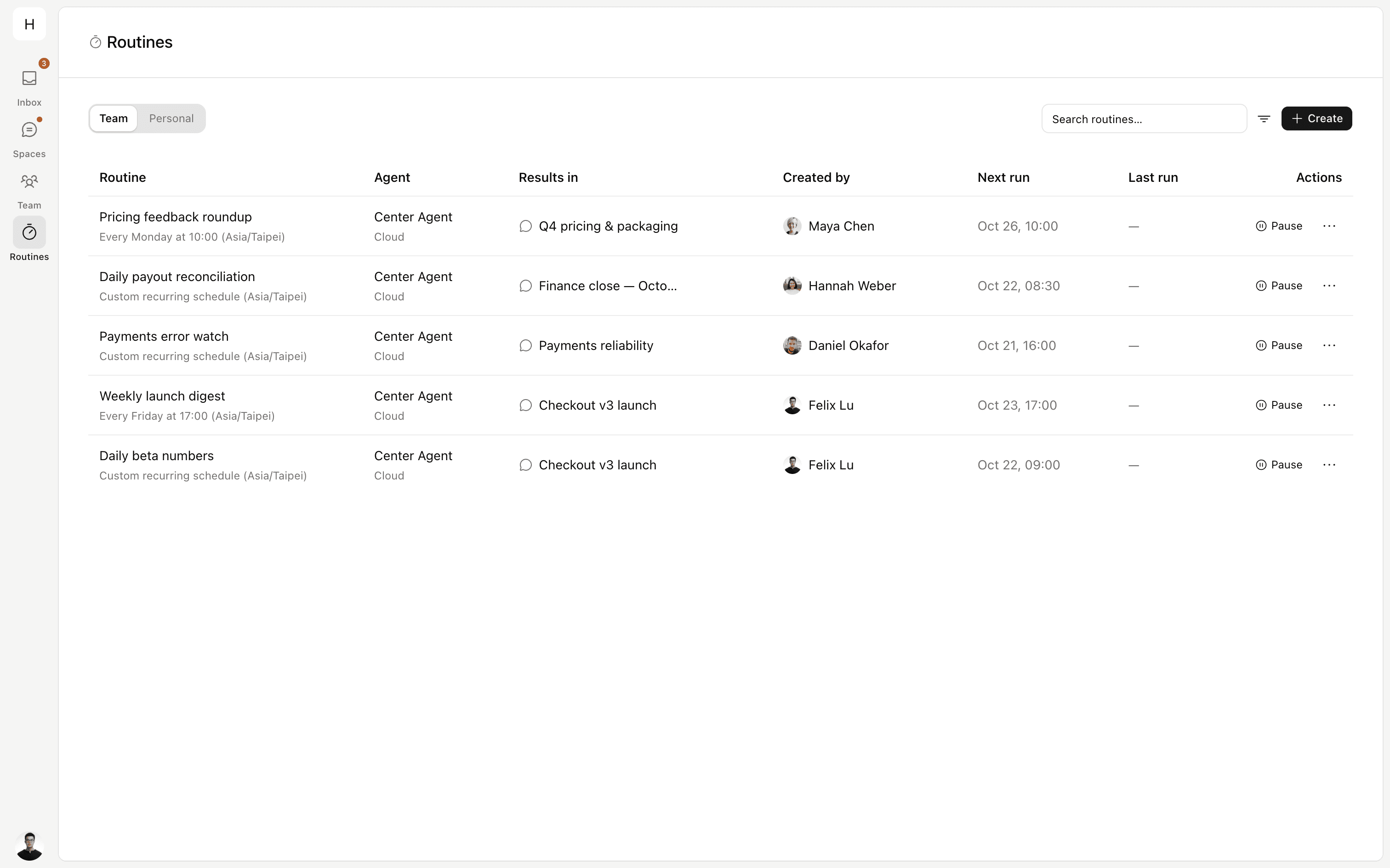 OpenMeld Routines list with scheduled Center Agent work such as daily beta numbers, a weekly launch digest, payments error checks, and payout reconciliation.