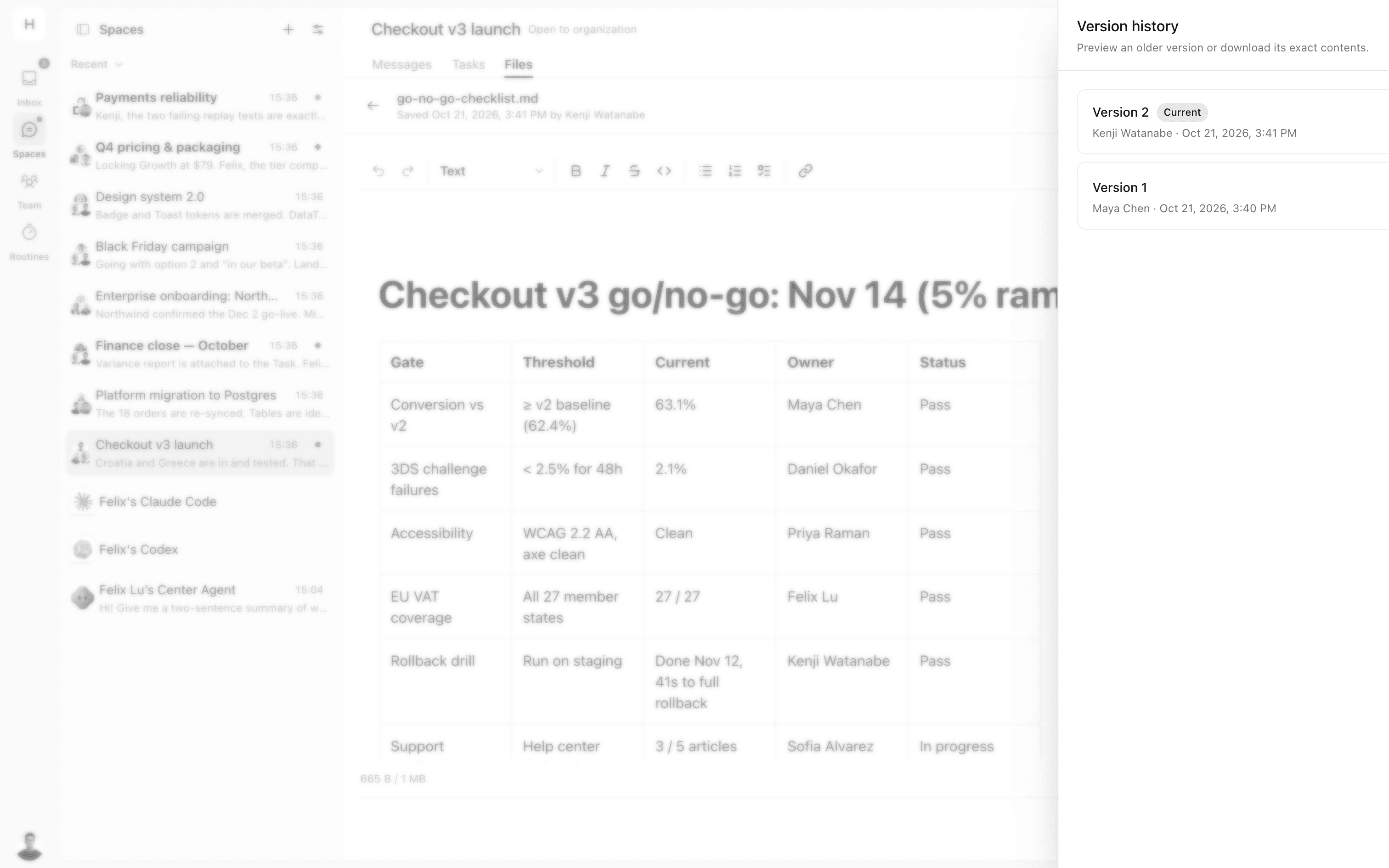 OpenMeld Space file editor showing a launch go/no-go checklist table with gates, thresholds, owners, and status.