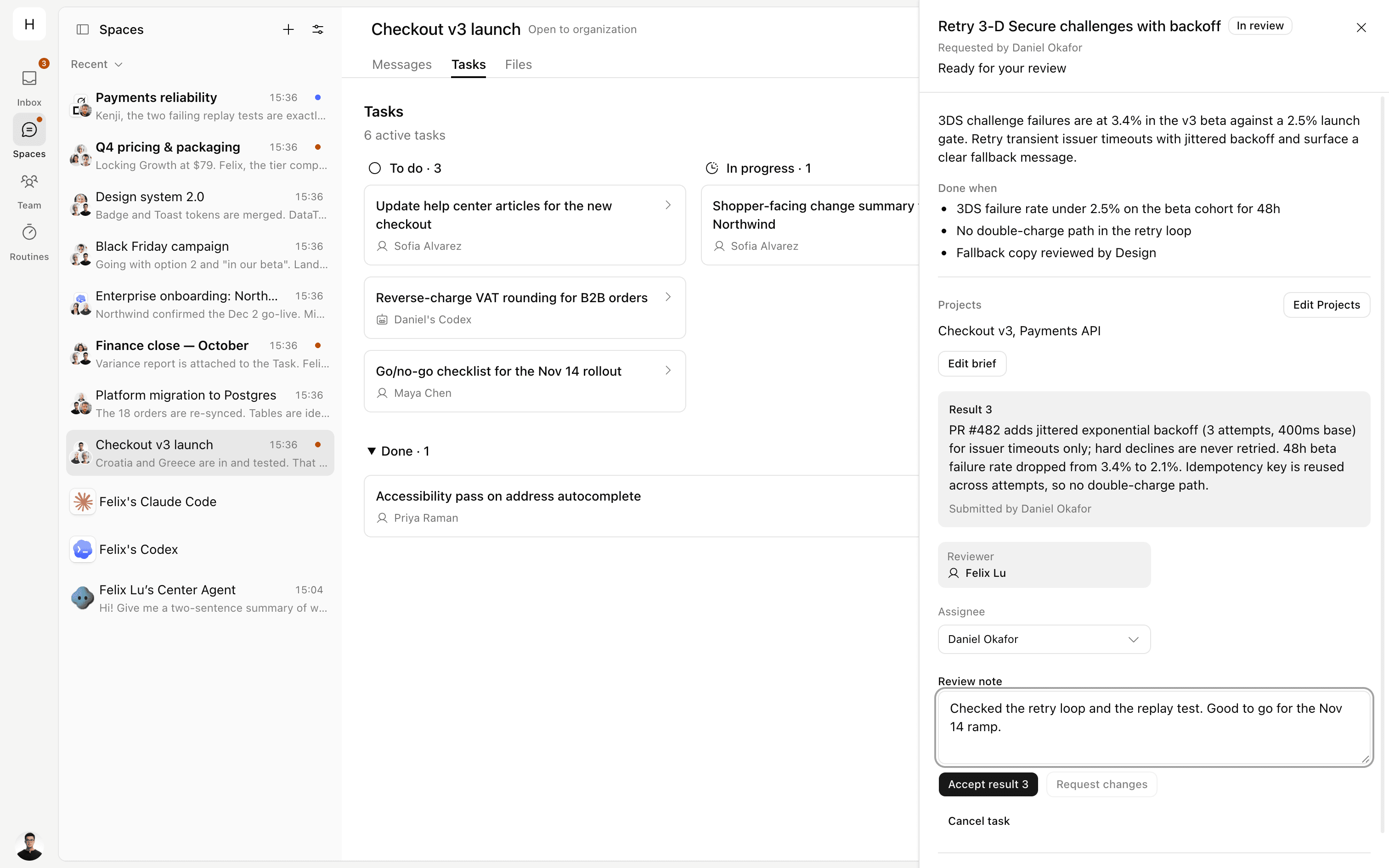 OpenMeld Task for a 3-D Secure retry fix in review, showing the brief, the completion conditions, Daniel's submitted result, and Felix writing a review note before accepting it.