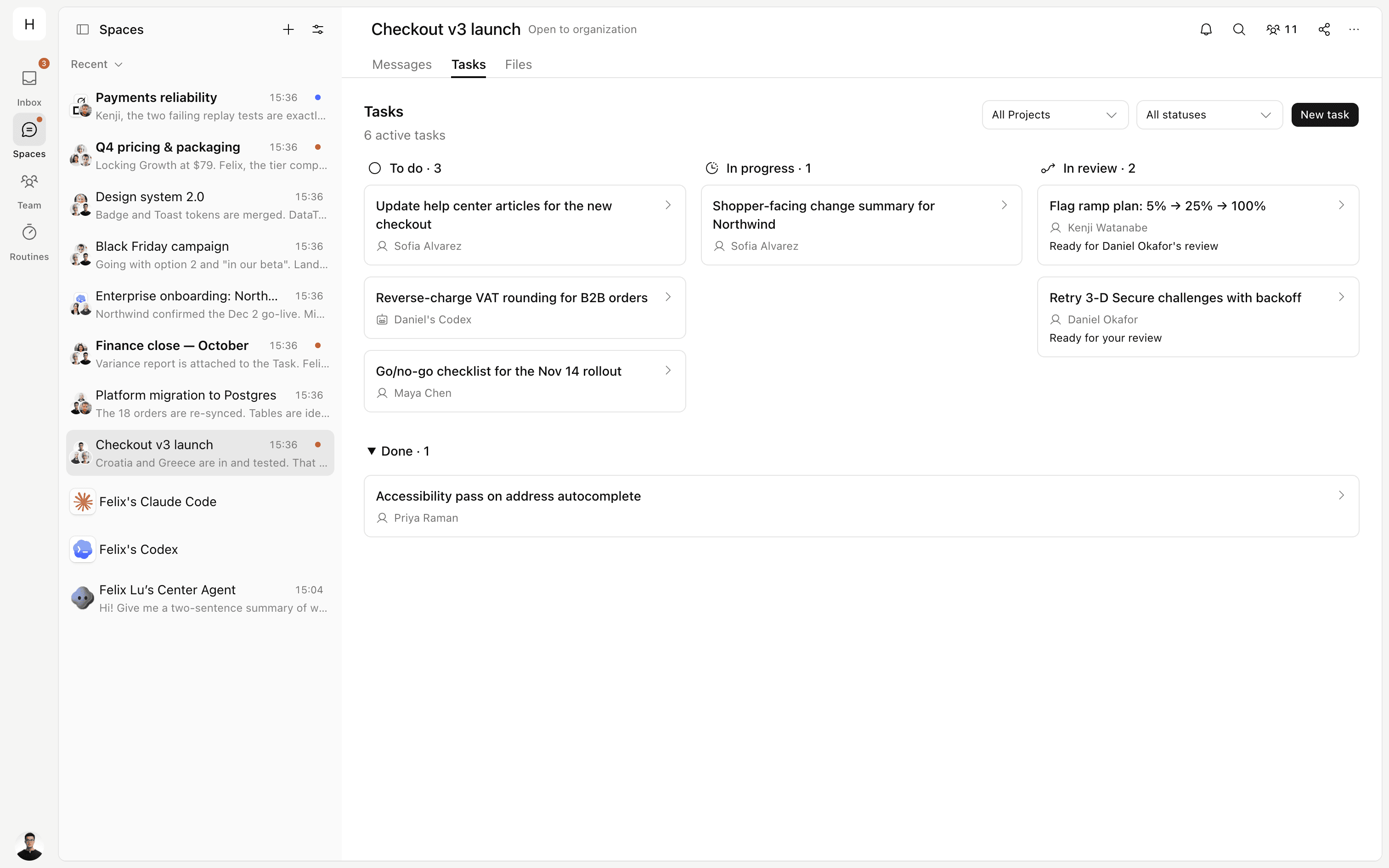 OpenMeld Task board for a checkout launch with work for people and agents grouped into To do, In progress, In review, and Done.