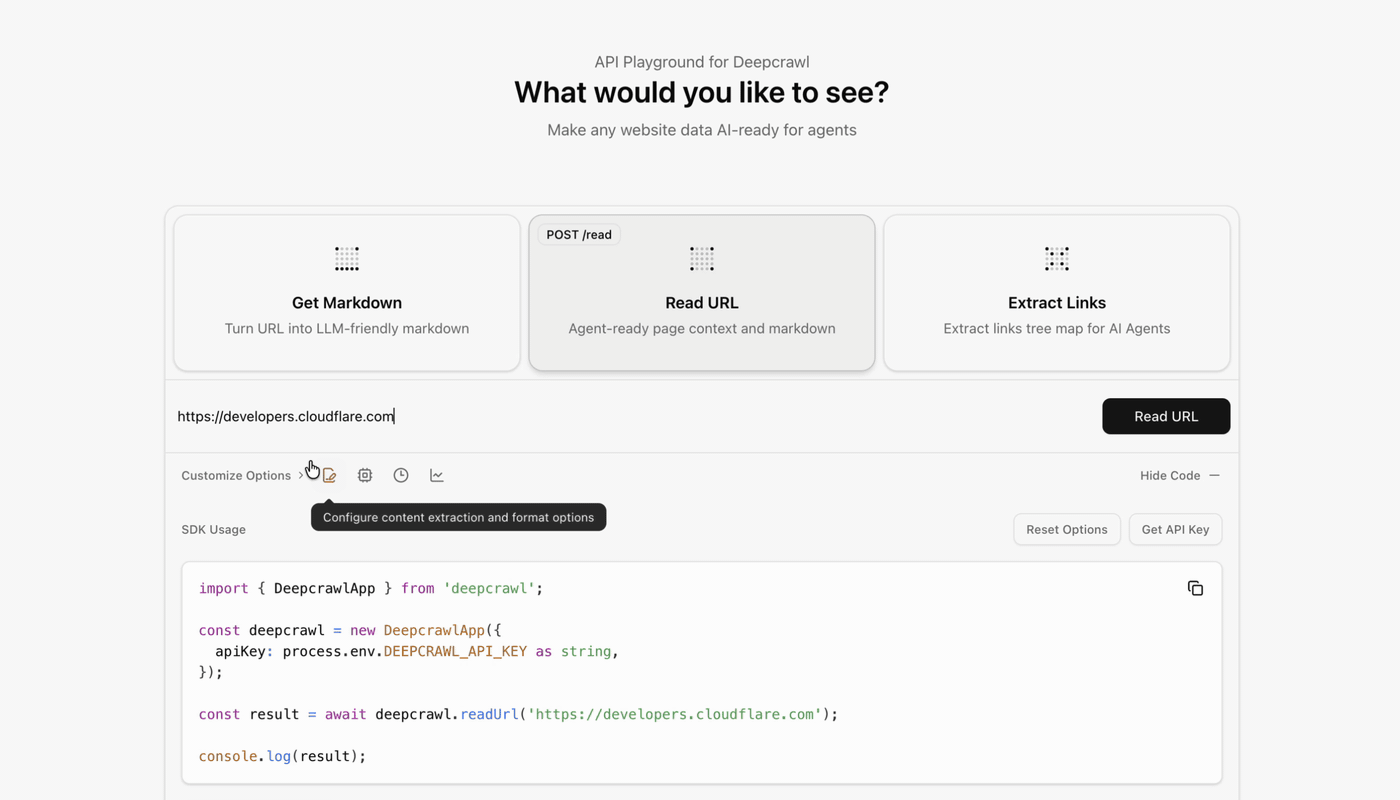 Deepcrawl playground demonstrating customizable request options for content formats, caching, and metrics alongside a TypeScript SDK usage example.