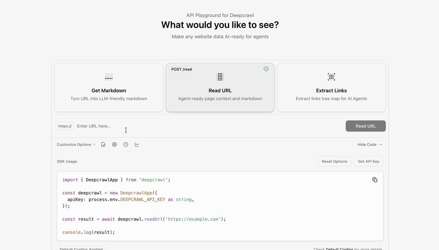 Deepcrawl Read URL demo returning the cached Cloudflare Developer Docs as Markdown with a 3-millisecond API response.