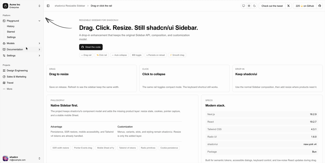shadcn/ui Resizable Sidebar demo showing the rail being dragged to resize and collapse the Sidebar.